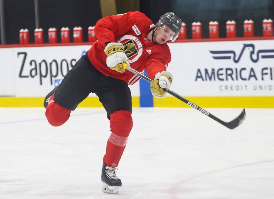 Golden Knights defenseman Daniil Chayka shoots the puck during development camp at City Nationa ...