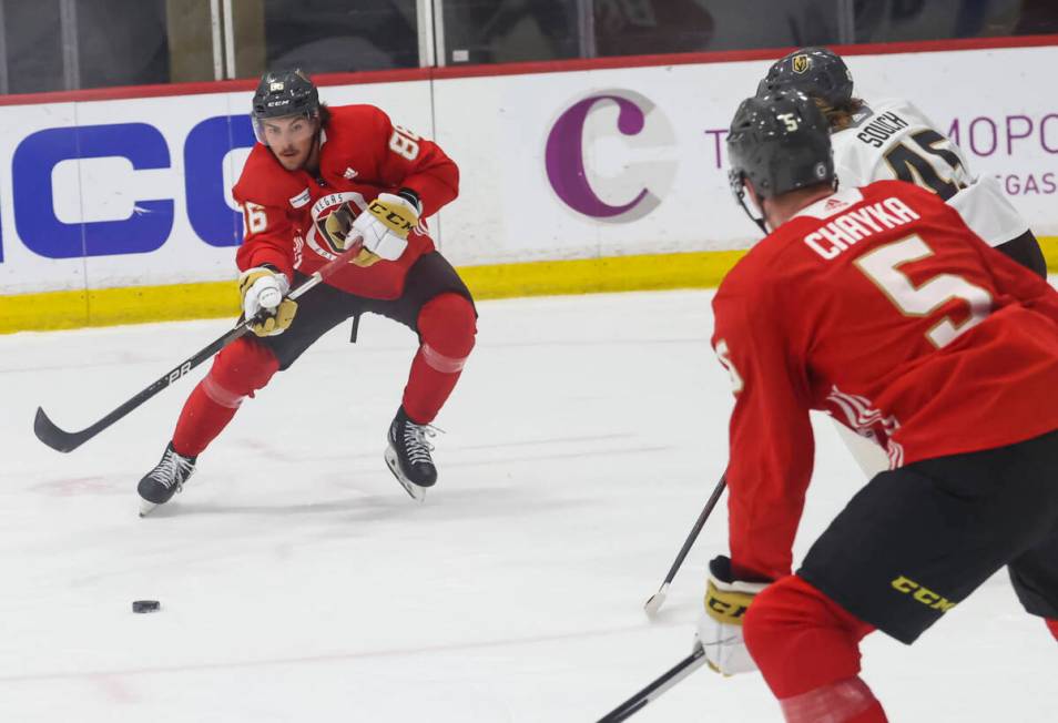 Golden Knights defenseman Jacob Guevin (86) skates with the puck during development camp at Cit ...