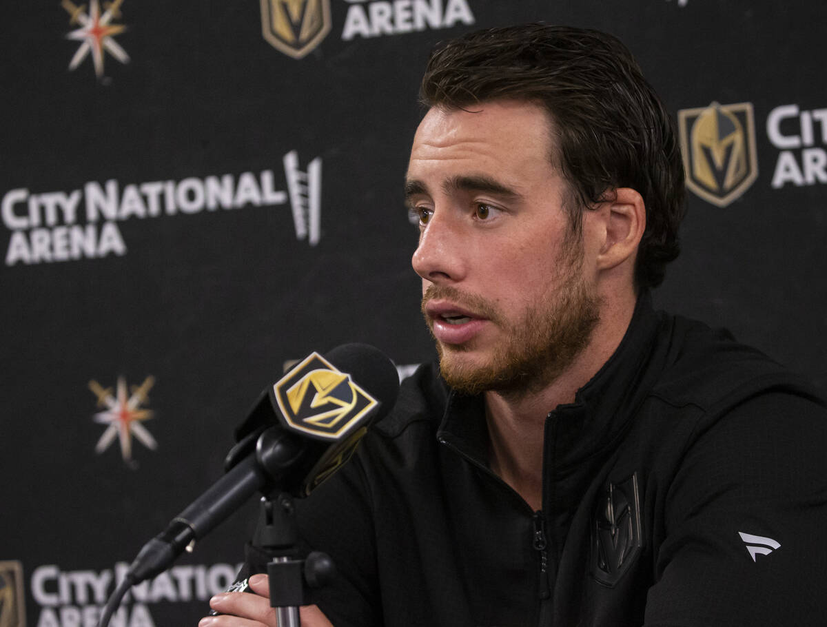 Golden Knights forward Reilly Smith speaks with members of the media at City National Arena on ...