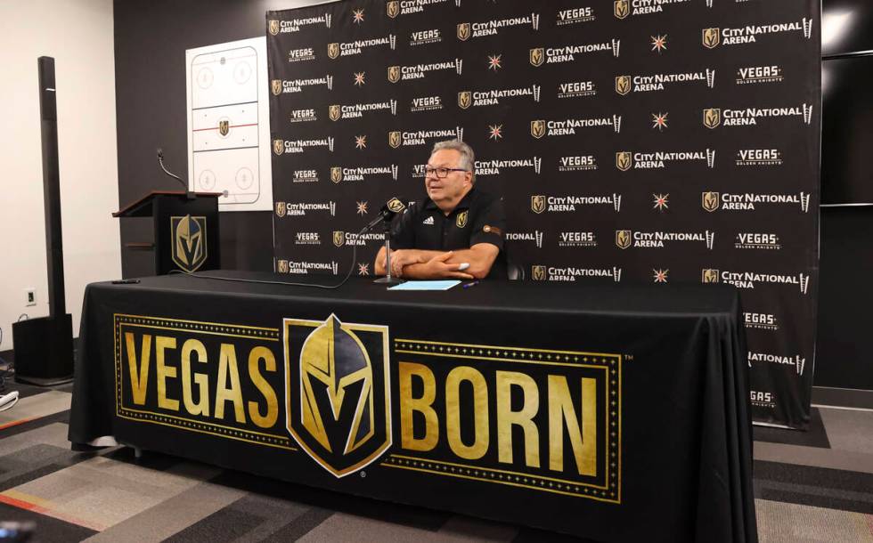 Golden Knights general manager Kelly McCrimmon speaks with members of the media at City Nationa ...