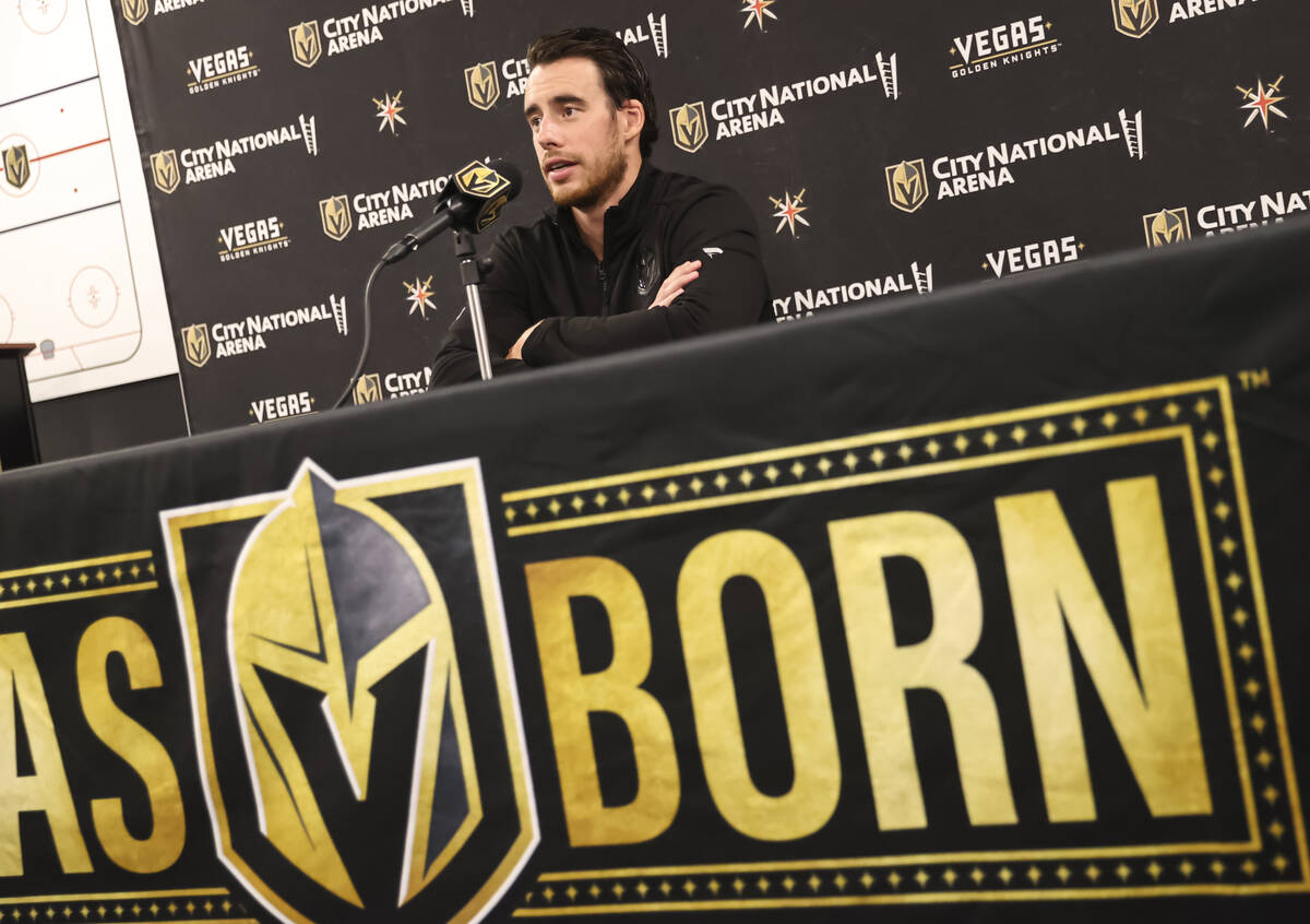 Golden Knights forward Reilly Smith speaks with members of the media at City National Arena on ...