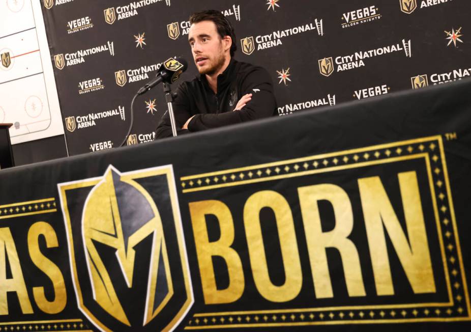 Golden Knights forward Reilly Smith speaks with members of the media at City National Arena on ...