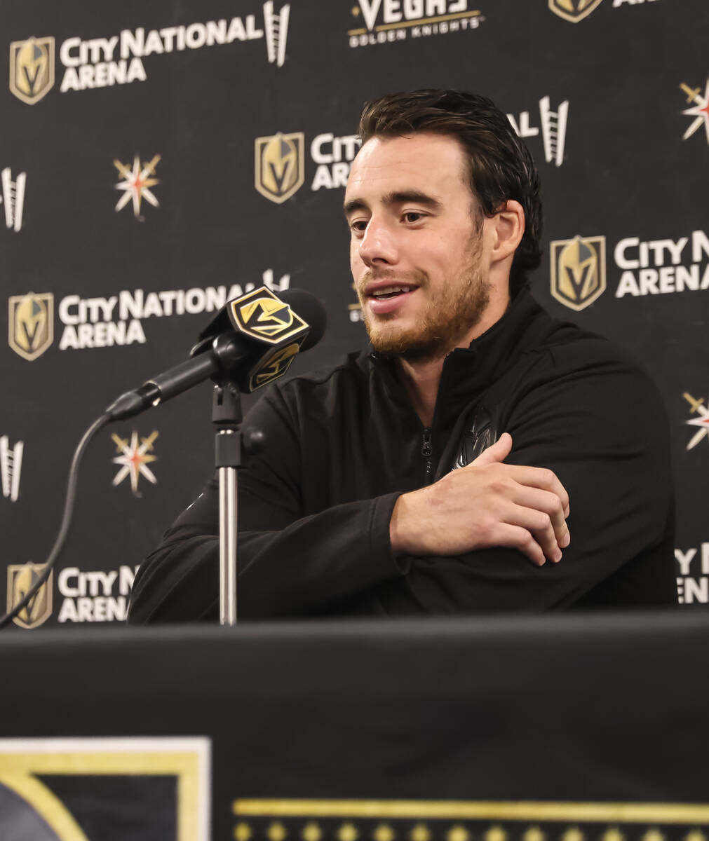 Golden Knights forward Reilly Smith speaks with members of the media at City National Arena on ...