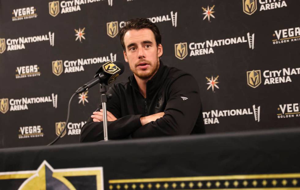 Golden Knights forward Reilly Smith speaks with members of the media at City National Arena on ...