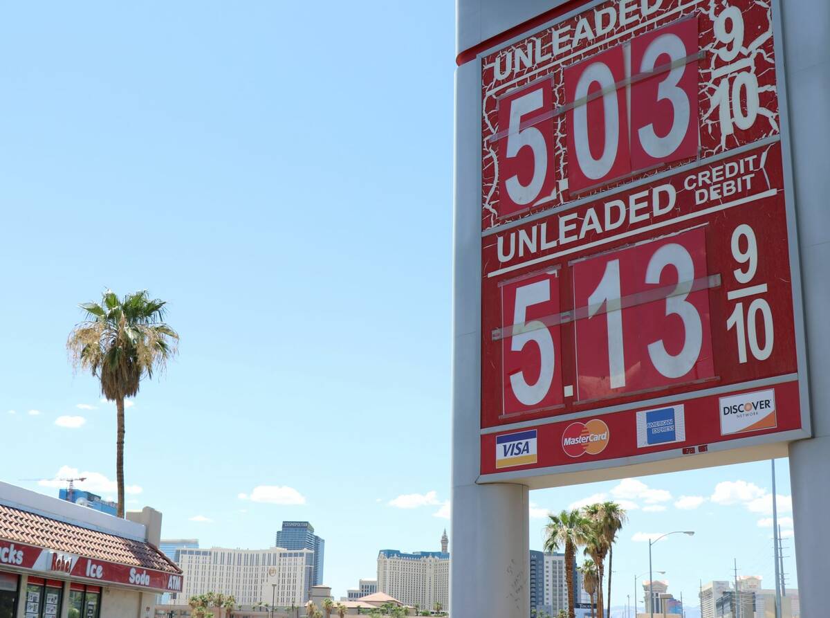 The price for gas at a Rebel gas station near the Strip in Las Vegas. July 11, 2022. (Sean Hemm ...