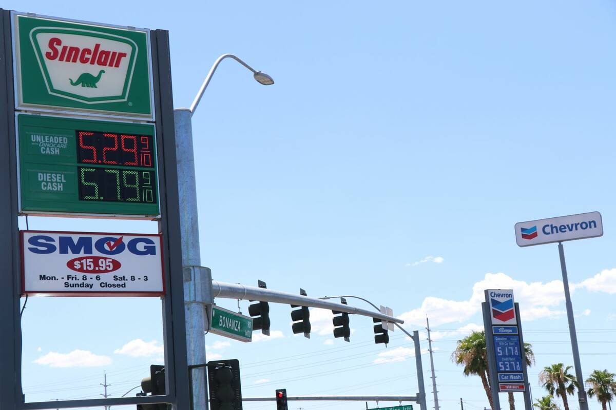 The price for gas at two different gas stations near the Strip in Las Vegas. July 11, 2022. (Se ...