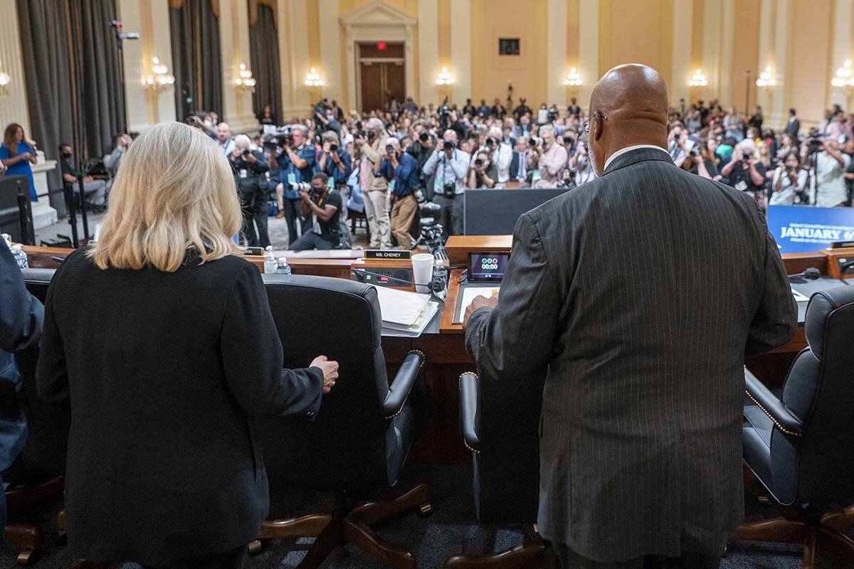 Chairman Bennie Thompson, D-Miss., right, and Vice Chair Liz Cheney, R-Wyo., arrive for a heari ...