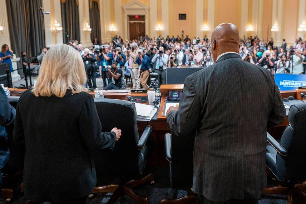 Chairman Bennie Thompson, D-Miss., right, and Vice Chair Liz Cheney, R-Wyo., arrive for a heari ...