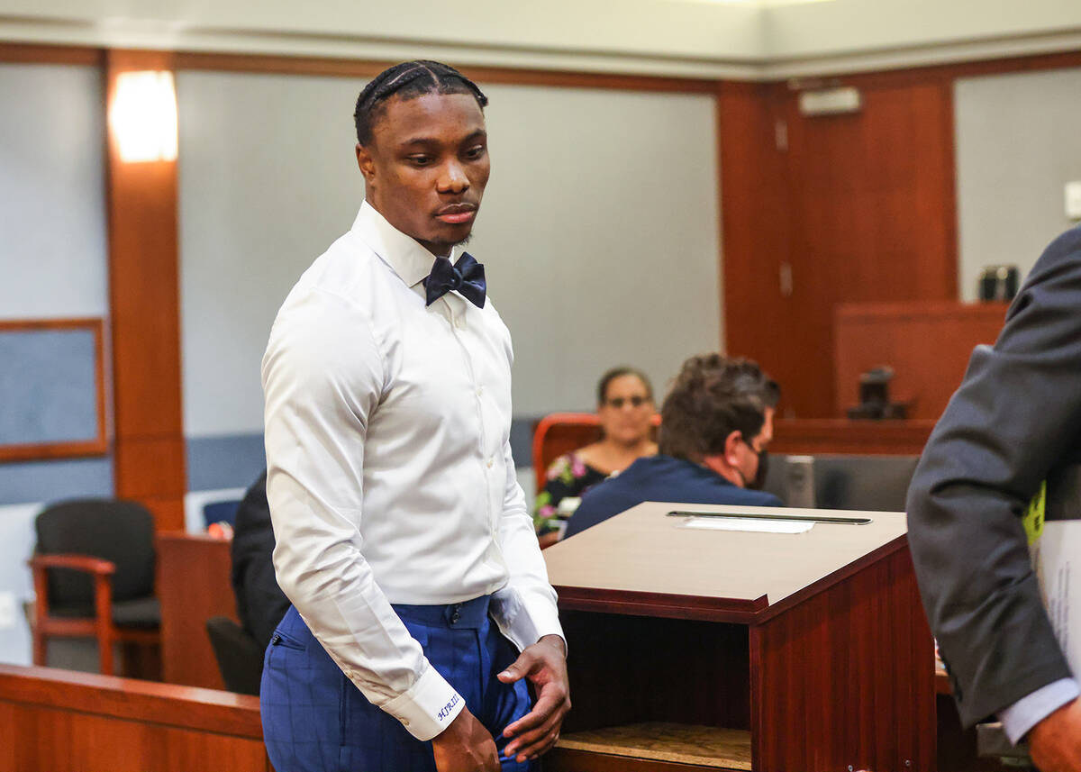 Ex-Raiders wide receiver Henry Ruggs appears at a hearing at the Regional Justice Center in Las ...