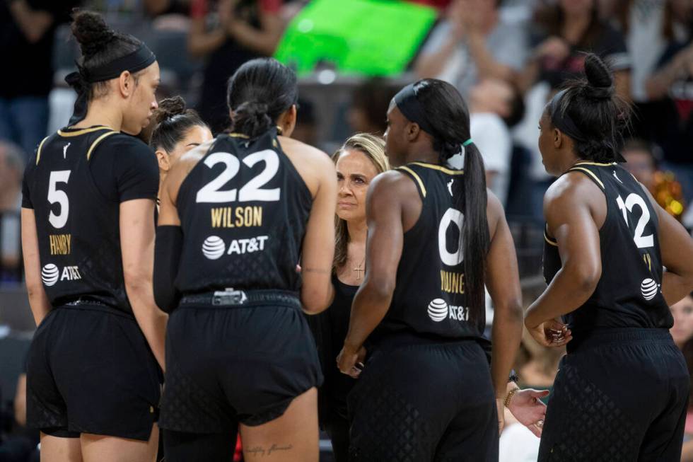 The Las Vegas Aces coach Becky Hammon talks to the team during the game the New York Liberty at ...