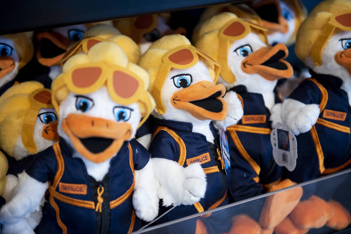 Plush dolls of the Las Vegas Aviators mascot Spruce the Goose for sale at the team store at Las ...