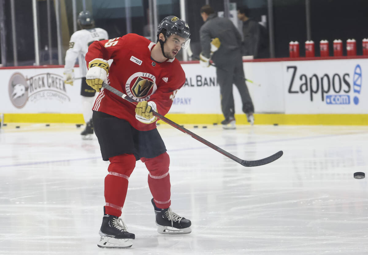 Golden Knights defenseman Artur Cholach looks to shoot the puck during development camp at City ...