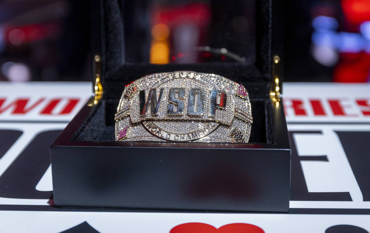 The winner's bracelet is on display during final table play at the WSOP Main Event within the B ...