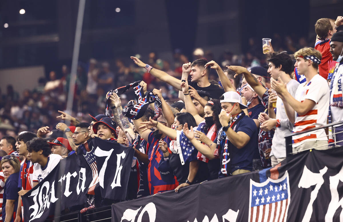 United States fans cheer during the first half of the Concacaf Gold Cup final soccer match agai ...