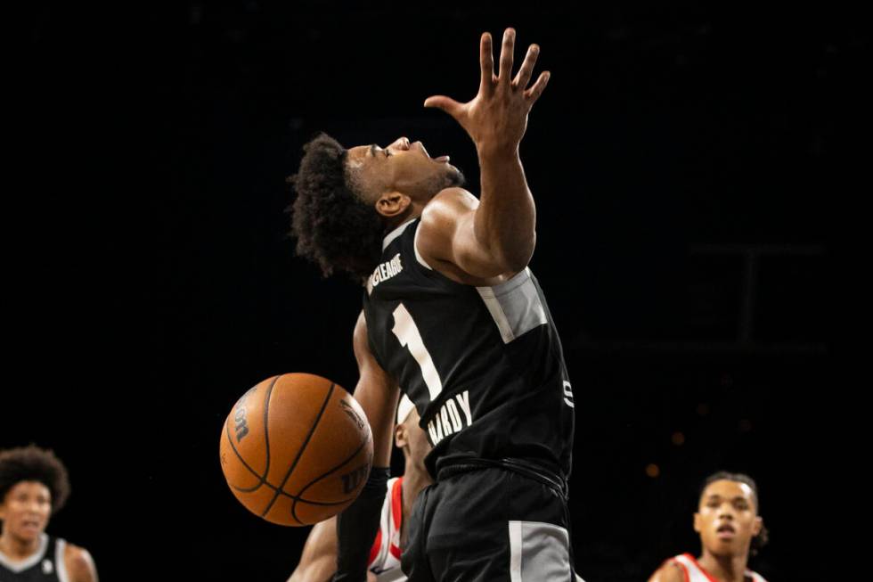 NBA G League Ignite’s Jaden Hardy (1) loses control of the ball as he goes up for a shoo ...