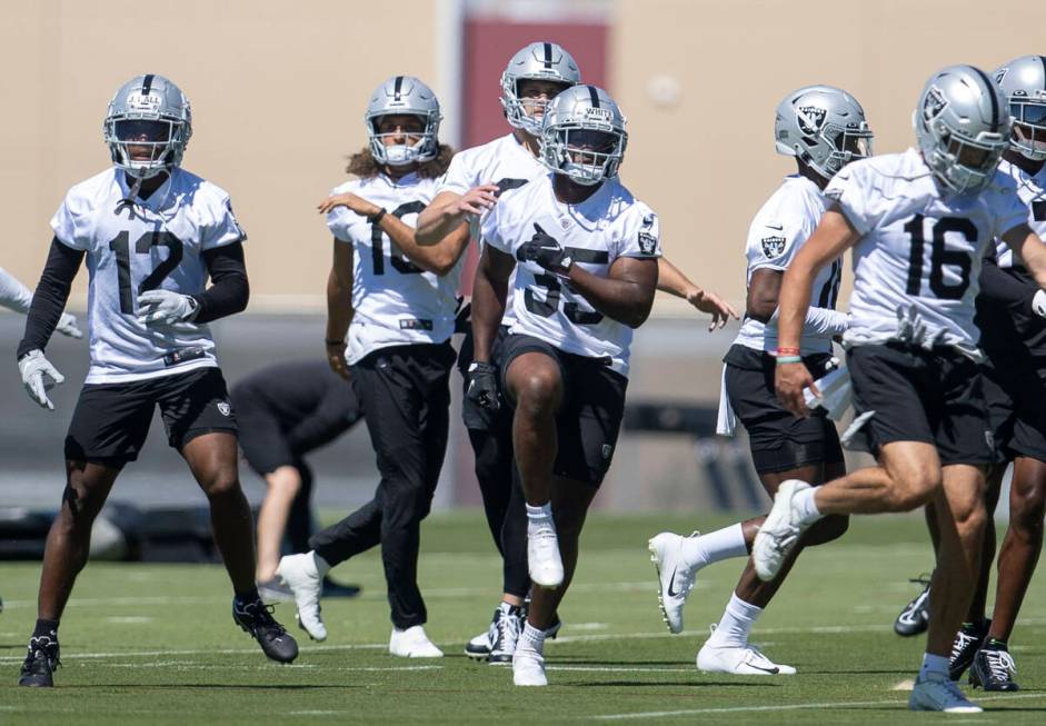 Raiders running back Zamir White (35) warms up during a team practice on Thursday, June 2, 2022 ...