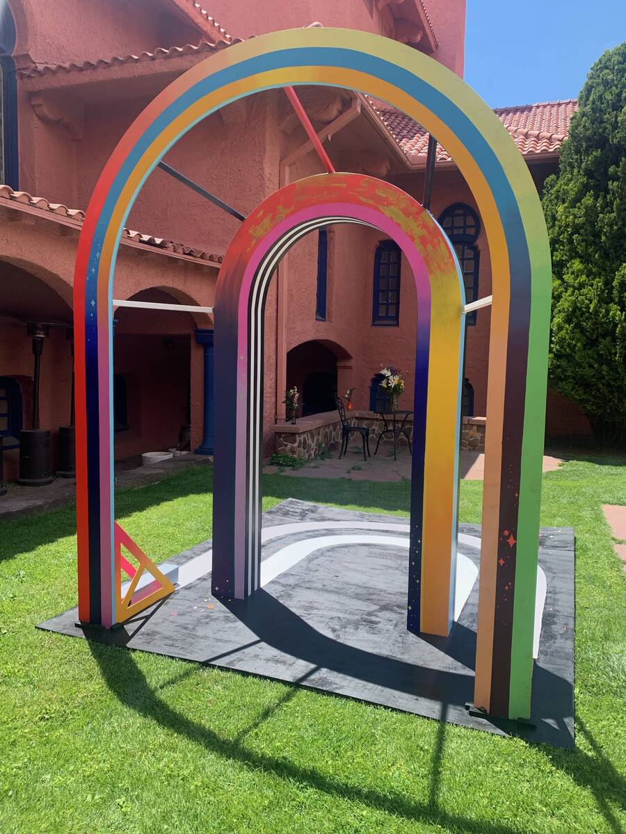 A double-rainbow installation is shown at Scottish Rite Temple in Santa Fe, N.M., during the me ...