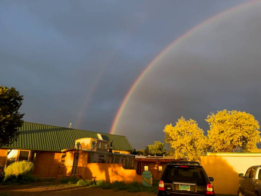 A double-rainbow is shown in Santa Fe, N.M., on July 9, 2022, the day Meow Wolf co-founder Matt ...