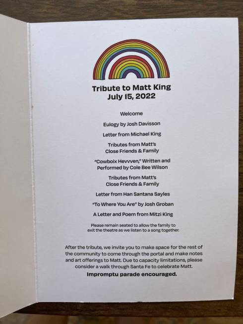 The program for Matt King's memorial at Scottish Rite Temple in Santa Fe, N.M., is shown on Fri ...