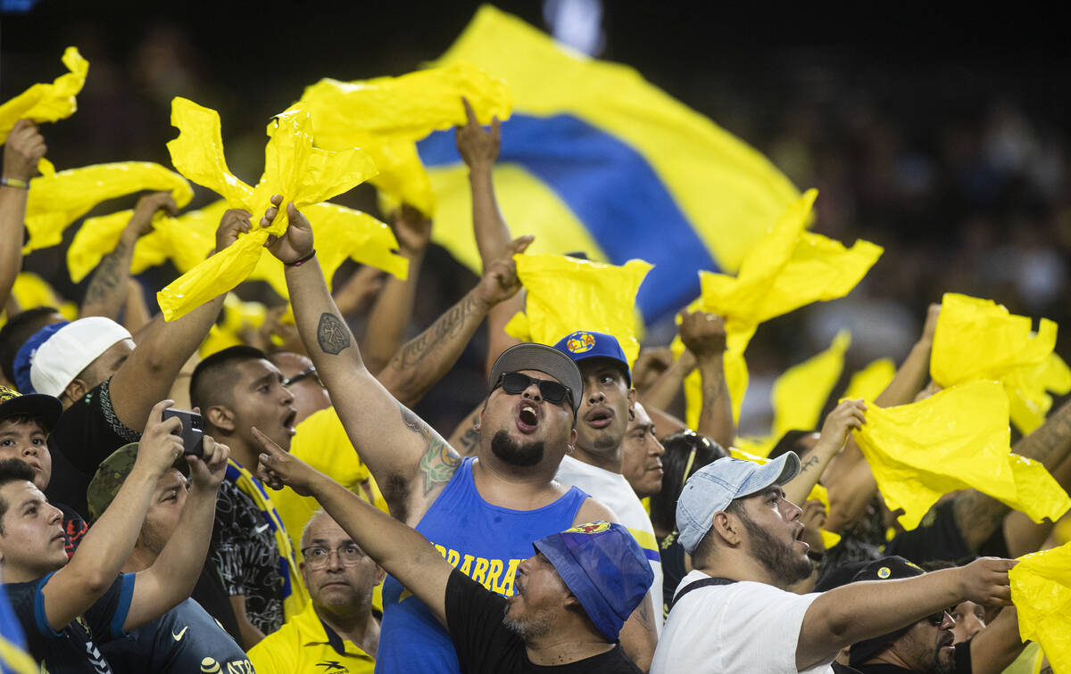 Club América fans cheer during a soccer game against Chelsea at Allegiant Stadium on Satu ...