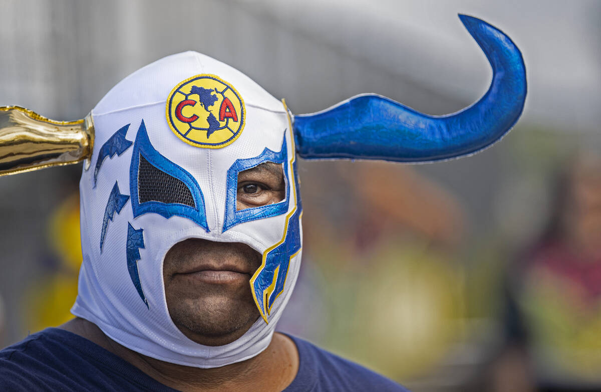 Club América fans outside Allegiant Stadium before the start of a soccer game against Chel ...