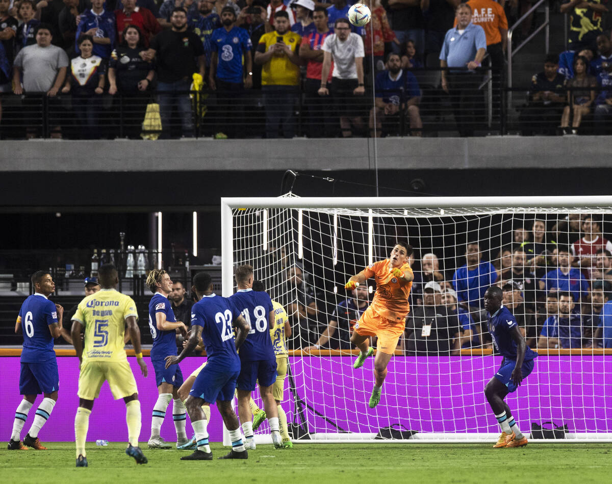 Chelsea’s Kepa Arrizabalaga (1) makes a save during a soccer game against Club Amér ...