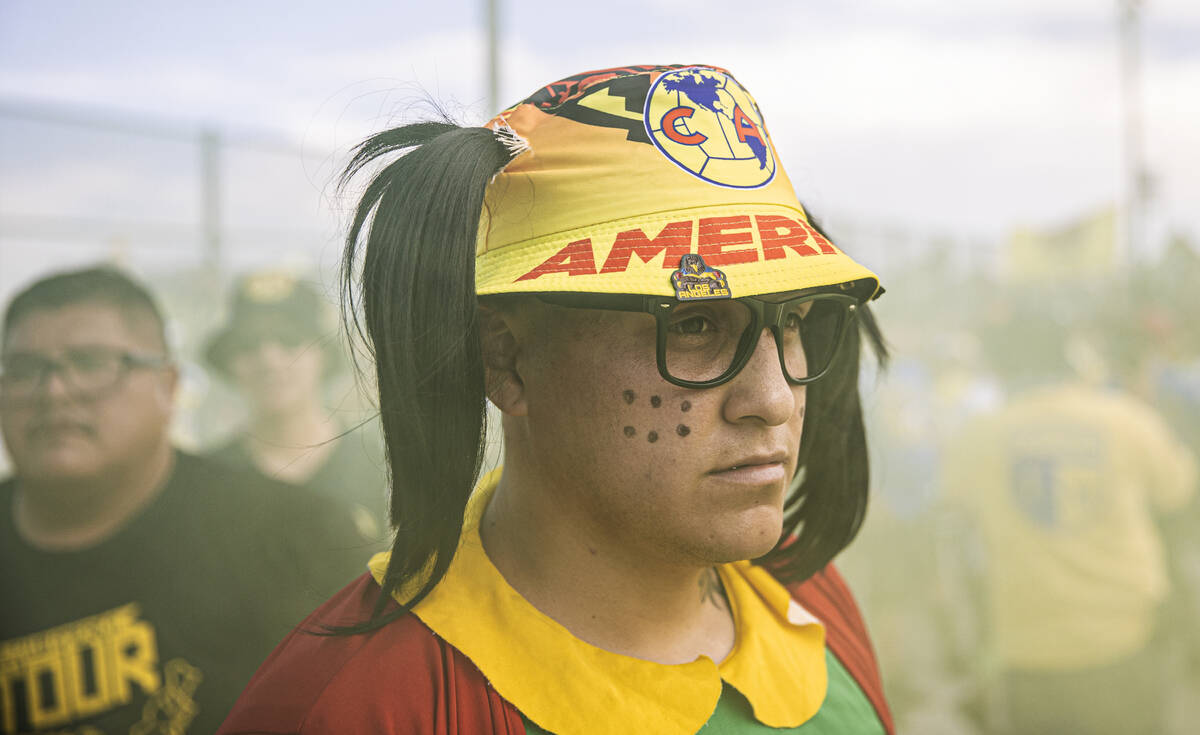 Club América fans outside Allegiant Stadium before the start of a soccer game against Chel ...