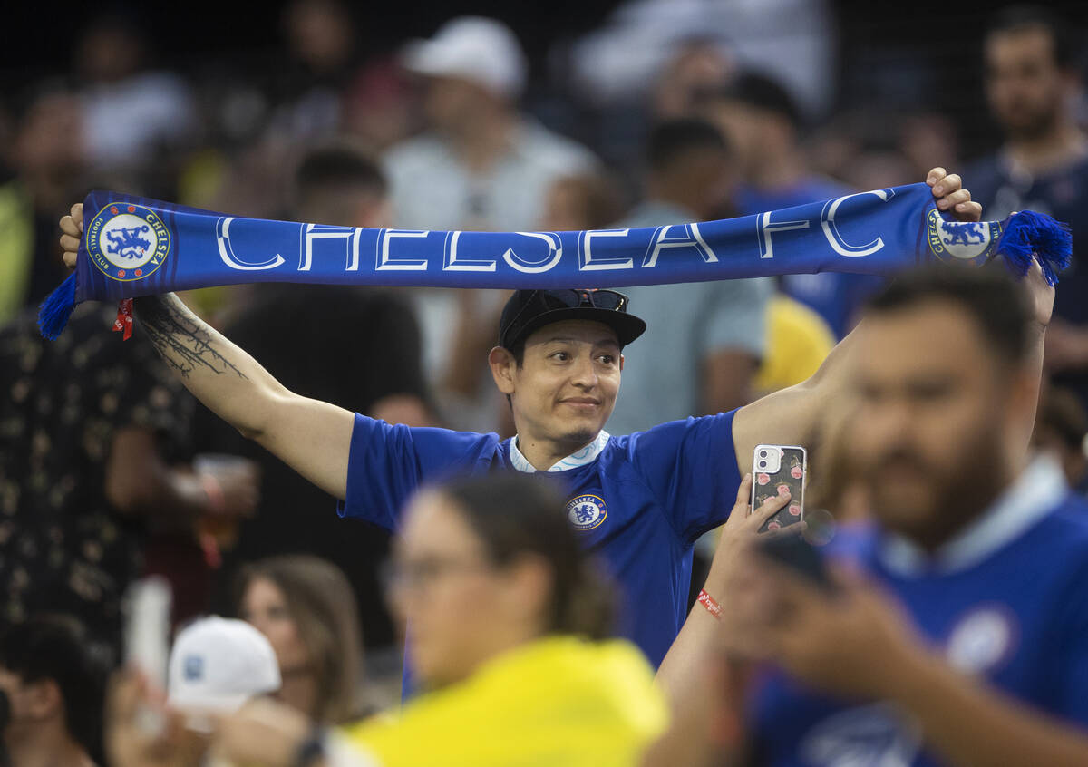 Chelsea fans cheer during a soccer game at Allegiant Stadium against Club América on Satur ...