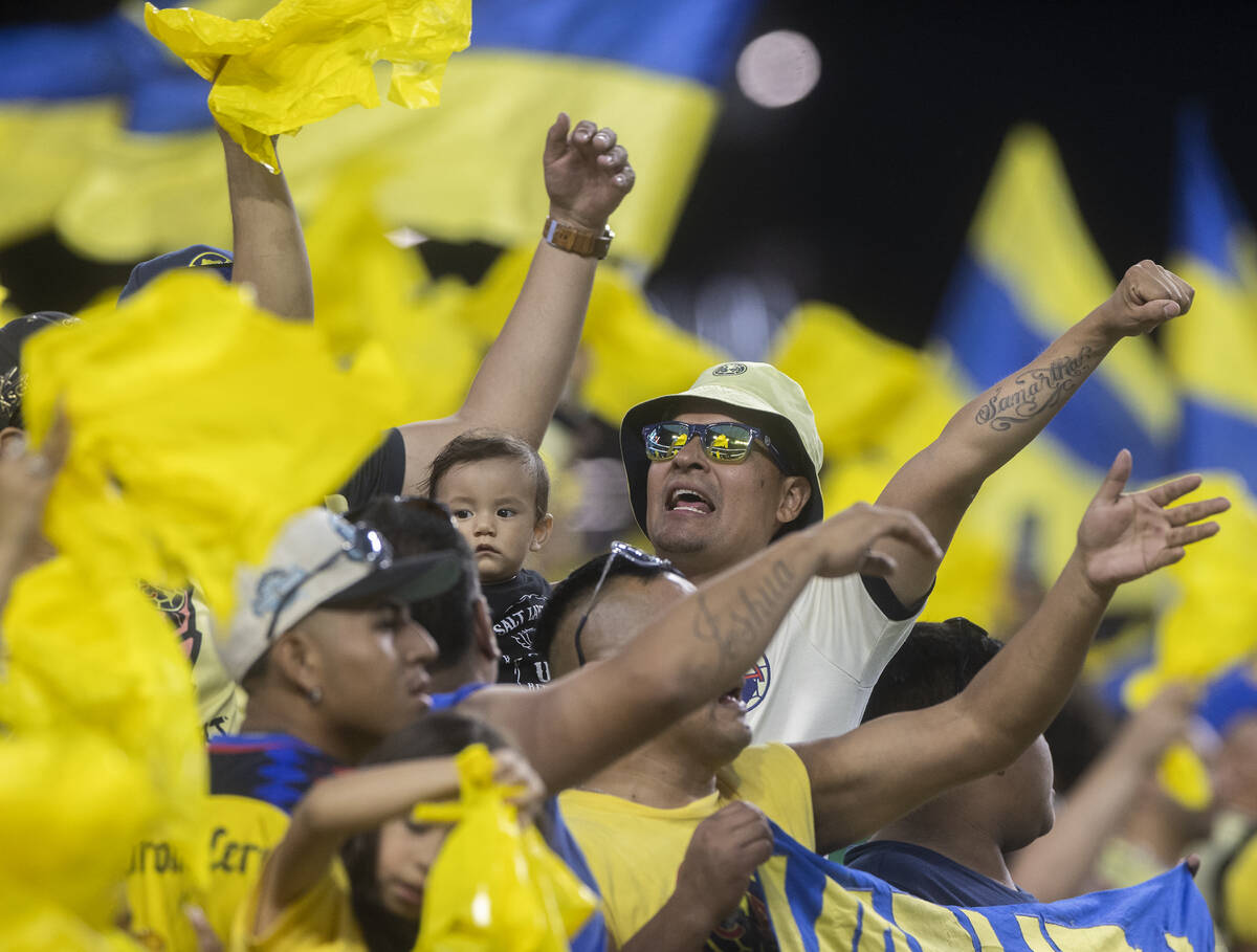 Club América fans cheer during a soccer game against Chelsea at Allegiant Stadium on Satu ...