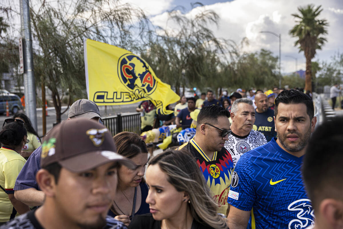 Fans outside of Allegiant Stadium before the start of a soccer game between Chelsea and Club Am ...