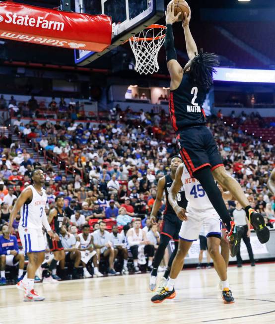 Portland Trail Blazers' Trendon Watford dunks the ball against the New York Knights during the ...