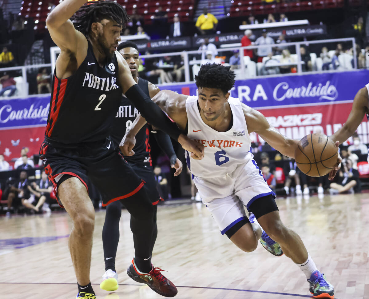 New York Knicks' Quentin Grimes (6) drives to the basket against Portland Trail Blazers' Trendo ...