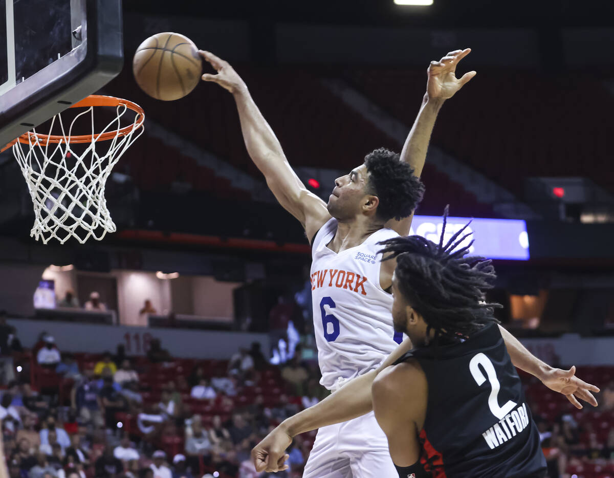 New York Knicks' Quentin Grimes (6) lays up the ball against the Portland Trail Blazers during ...