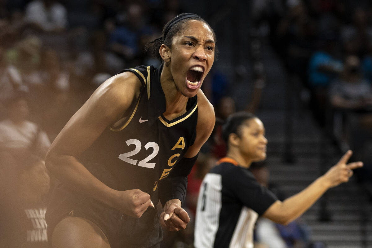 Las Vegas Aces forward A'ja Wilson (22) cheers after a referee awards her a two-shot free throw ...