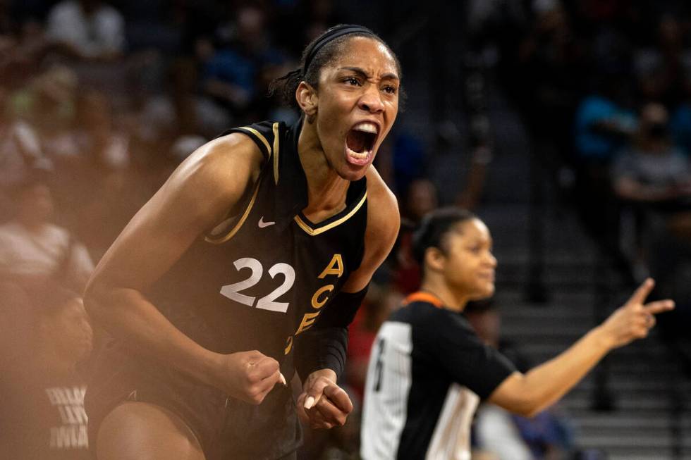 Las Vegas Aces forward A'ja Wilson (22) cheers after a referee awards her a two-shot free throw ...