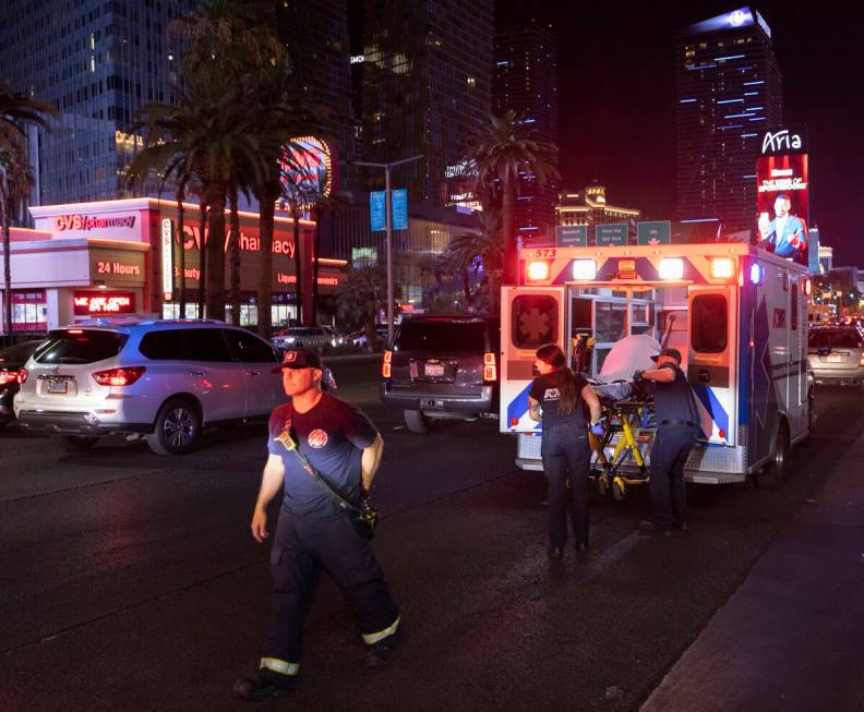 The Clark County Fire Department and EMT’s respond to an incident on the Strip on Saturd ...