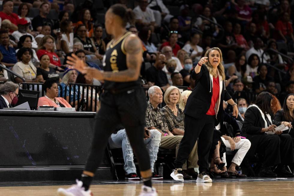 Las Vegas Aces head coach Becky Hammon shouts from the sidelines during the first half of a WNB ...