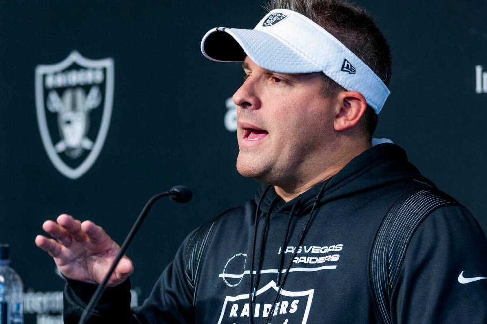 Raiders head coach Josh McDaniels talks about their first practice at training camp in the Inte ...