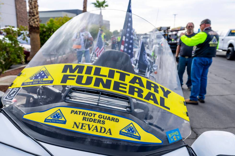 The Patriot Guard Riders of Nevada await the escort the Raymond J. Pfeifer Memorial Caisson on ...