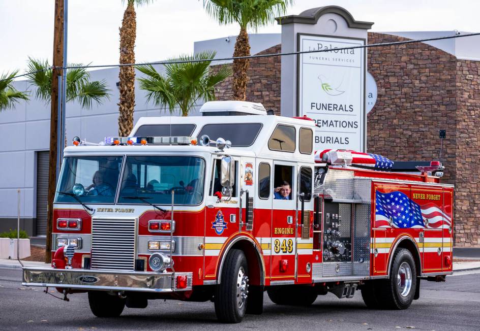 The Raymond J. Pfeifer Memorial Caisson departs on its maiden mission for the funeral for Las V ...