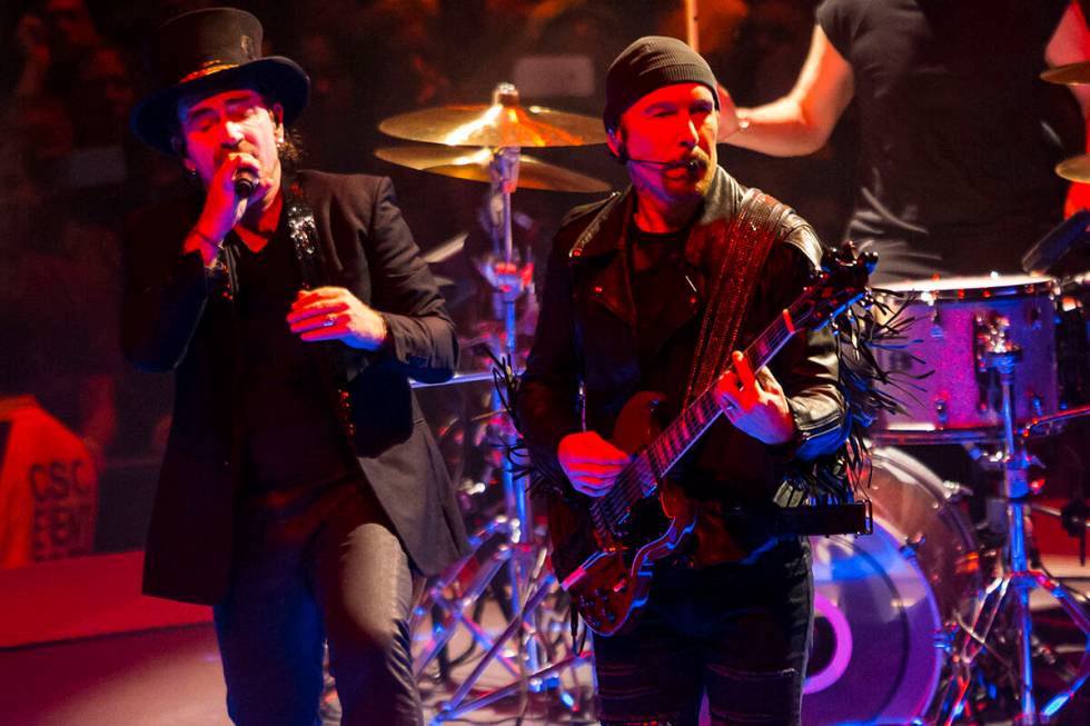 Bono, left, and The Edge of U2 perform at T-Mobile Arena in Las Vegas on Friday, May 11, 2018. ...