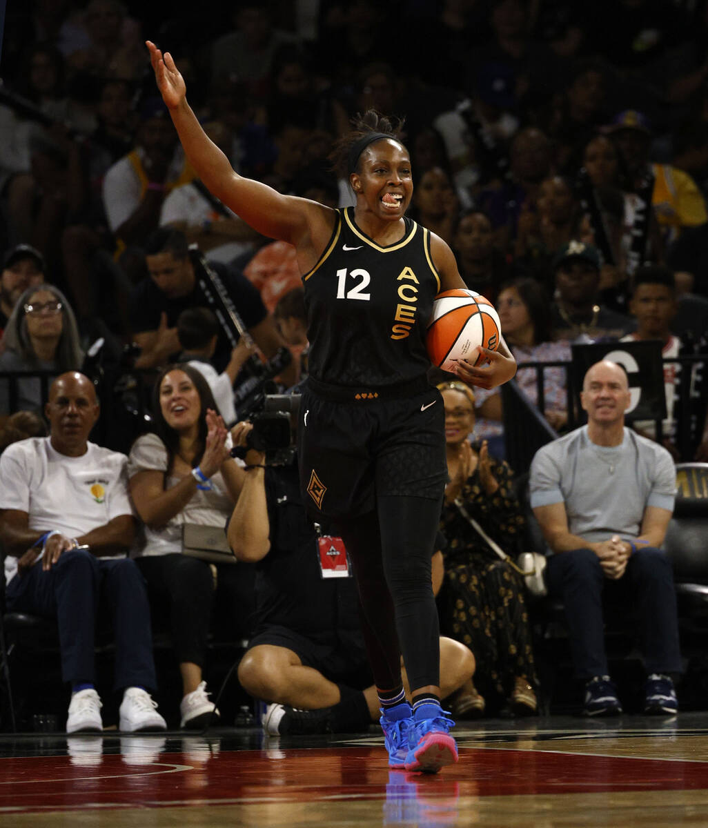 Las Vegas Aces guard Chelsea Gray (12) reacts during the fourth quarter of a WNBA basketball ga ...