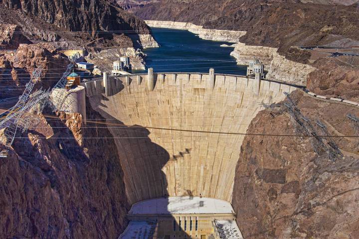 Lake Mead and the Hoover Dam on Tuesday, June 8, 2021, in Boulder City, Nev. (Benjamin Hager/La ...