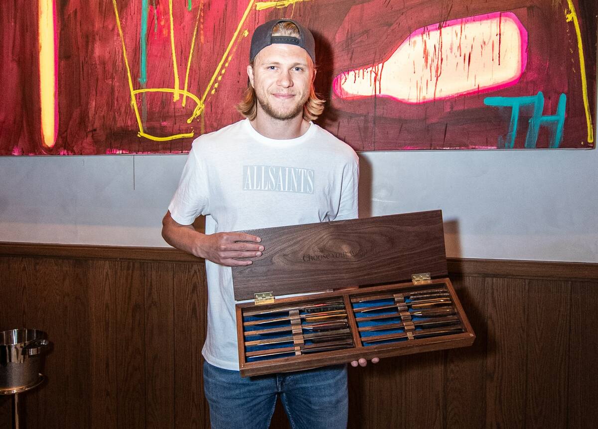 Vegas Golden Knights star William Karlsson is shown with a collection of steak knives at Carver ...
