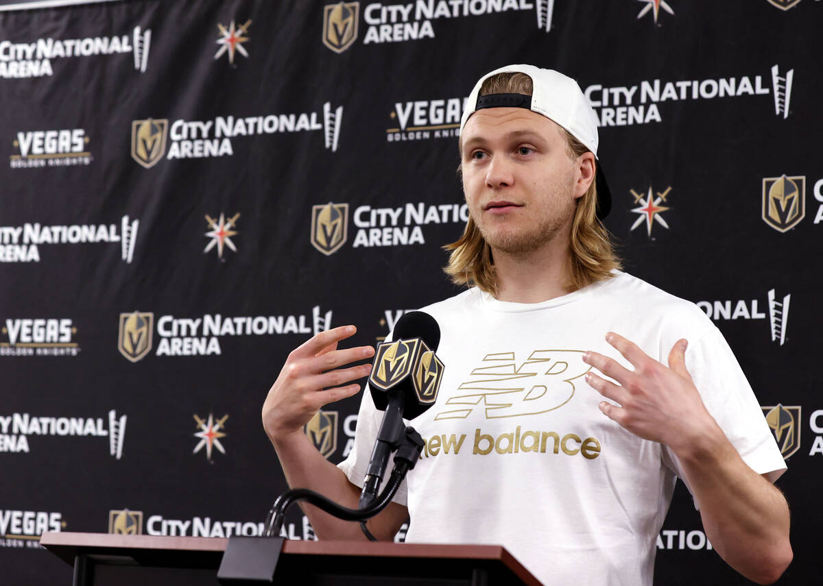 Vegas Golden Knights forward William Karlsson talks about the 2021-22 season during a news conf ...