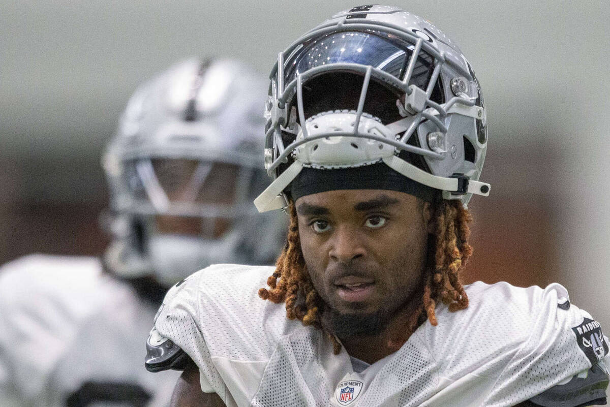 This Sept. 9, 2021, file photo, shows Raiders cornerback Damon Arnette (20) during team practic ...