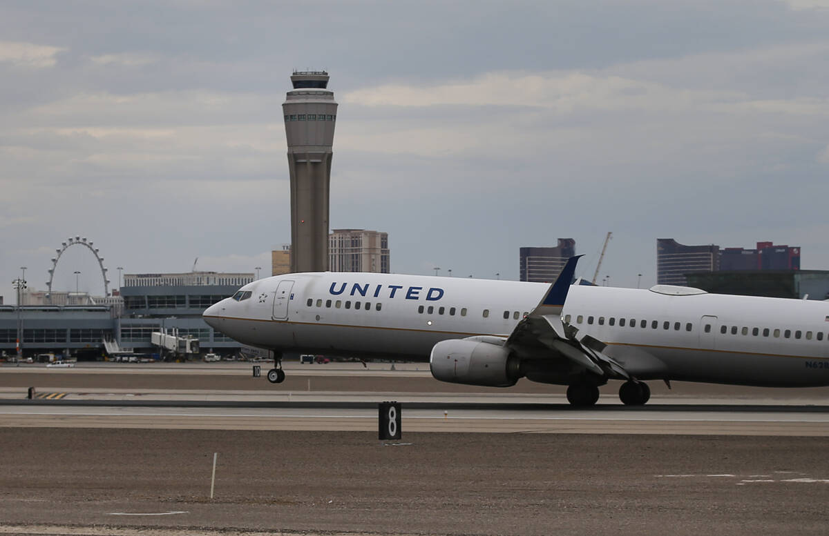 A United plane prepares to depart at Harry Reid International Airport on Tuesday, July 26, 2022 ...