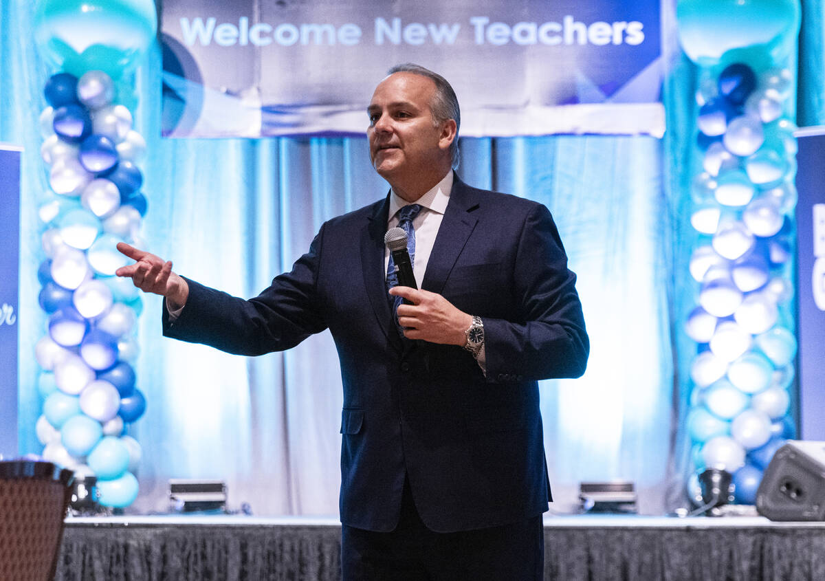 Superintendent Jesus Jara speaks during a new teacher kickoff event at the Rio on Thursday, Jul ...