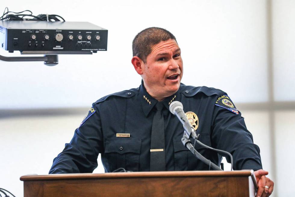 Clark County School District Police Chief Mike Blackeye speaks at a news conference regarding s ...