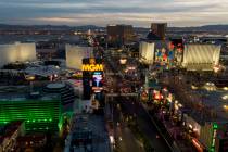 This January 12, 2022, file photo shows an aerial view of MGM Grand on the south Las Vegas Stri ...